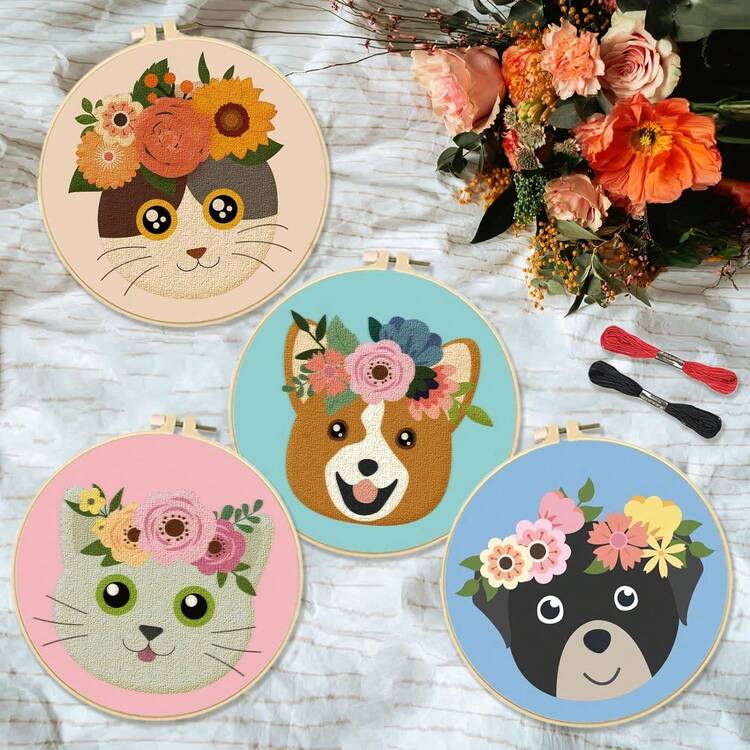 4 Ensembles Kit De Broderie - Chat & Chien Modèle Point De Croix Pour Débutants Adultes Avec Cerceau De Broderie En Plastique, Fil Et Aiguille - Multicolore - Voir 2
