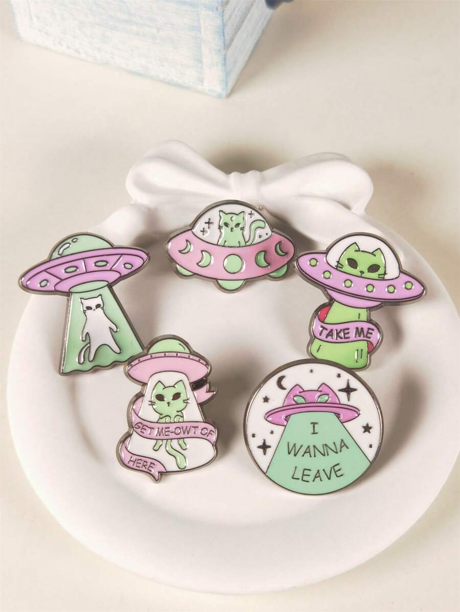 5pcs Cartoon Alien Cat Series Brooches, Funny Cat Spaceship Metal Badges For Clothes, Bags, Hats Decoration, Creative Gift - Set - View 1