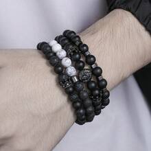 1 Set Of 4 And Cool Designed Men's Bracelets With Copper Crown, White Pine, Volcanic Stone And Black Matte Beads, Matched With Lion Head, Perfect For Punk-Style Outfits - Multicolor - View 3