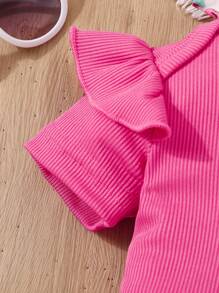 女嬰春季純色短袖連身衣和花朵印花長褲套裝,新品到貨 - 玫紅色 - 查看 3