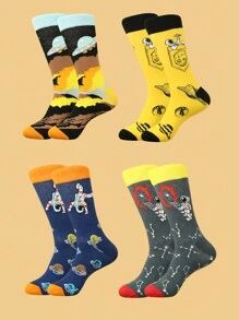 4双/套 男士时尚个性化太空宇航员和行星图案中筒袜 - 彩色 - 查看 1