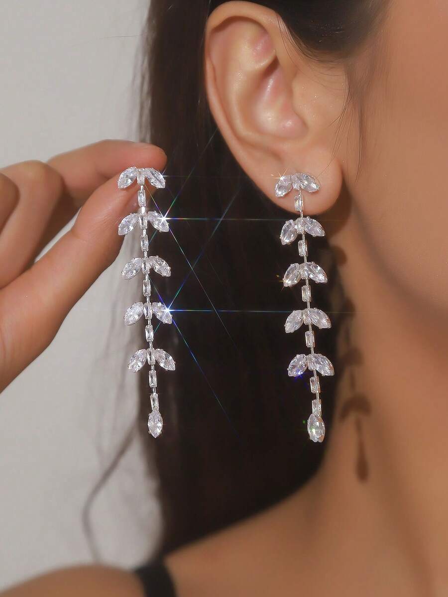 1set Crystal & Cubic Zirconia Silver-Color Drop Earrings - Silver - View 1