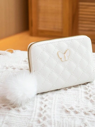 Butterfly Quilted Mini Wallet, Zipper Plush Pendant Mini Purse, Solid Color Faux Leather Clutch Bag,Classic Argyle Pattern Long Wallet, Solid Color Butterfly Decor Clutch Wallet For Children,Cute Fashion Clutch Bag