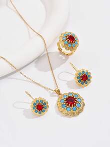 4入組閃亮奢華風格的花狀立方氧化鋯戒指、耳環、項鍊珠寶套裝,適用於女性 - 彩色 - 查看 12