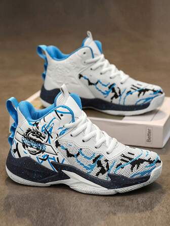 1 Pair Boys Fashionable Graffiti Lace-Up Anti-Skid Durable Kids Outdoor Sports Basketball Sneakers, Suitable For Indoor & Outdoor Training