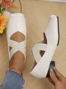 交叉帶芭蕾扁平鞋,純色彈性扁平鞋,圓頭打褶休閒軟底扁平鞋 - 白色 - 查看 3