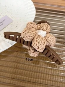 1pc Tiramisu Colored Simple & Elegant Large Hair Claw With Knitted Flower, Hair Claw Headwear Accessory - Coffee - View 5
