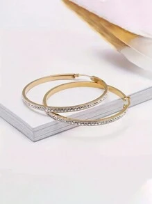 1對歐美時尚百搭不銹鋼圓形大耳環,鈦鋼鑽石18k金鑽石誇張耳環和耳針 - 金色鑲鑽耳環 - 查看 4