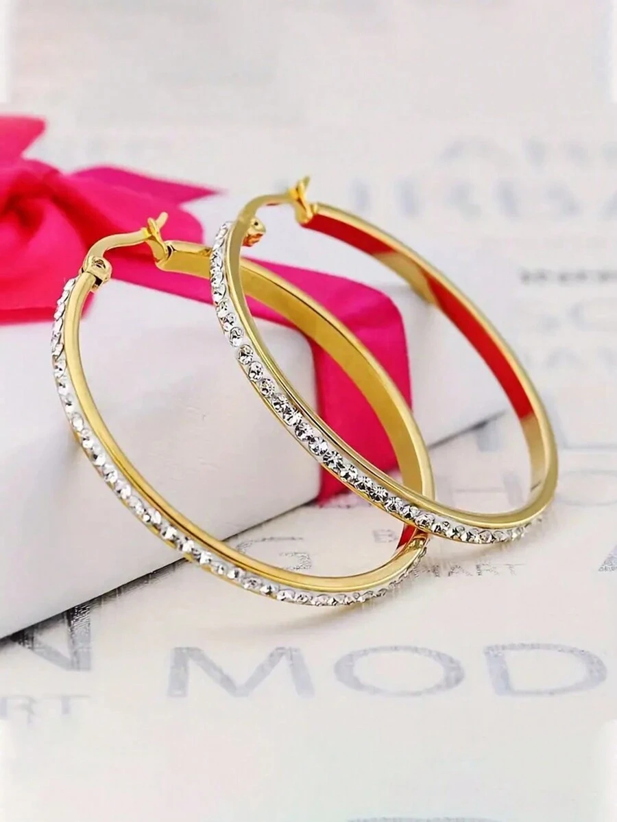 1對歐美時尚百搭不銹鋼圓形大耳環,鈦鋼鑽石18k金鑽石誇張耳環和耳針 - 金色鑲鑽耳環 - 查看 1