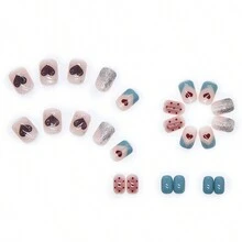 升級您的外觀,24入組短方形時尚個性化心形及點狀閃粉設計全覆蓋假指甲,適合派對、跳舞和日常穿著 - 彩色 - 查看 3