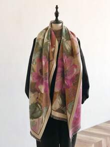 1 件女用厚實保暖圍巾,復古油畫風格花卉提花,人造羊絨製成,適合日常休閒使用 - 彩色 - 查看 1