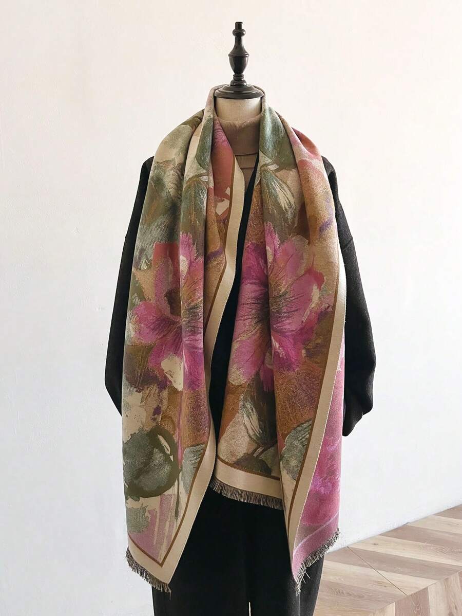 1 件女用厚實保暖圍巾,復古油畫風格花卉提花,人造羊絨製成,適合日常休閒使用 - 彩色 - 查看 1