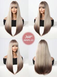 24 吋長直漸層棕色至金色假髮帶瀏海耐熱合成假髮女式髮派對日常角色扮演漸變色合成假髮製作自然外觀的女式假髮 - 彩色 - 查看 7