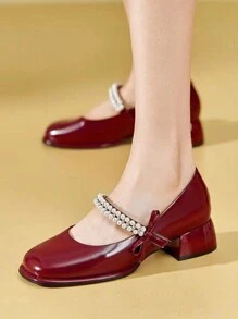 女士酒紅色專利皮瑪莉珍鞋，中跟/厚跟方頭懶人鞋，新款鞋款適用於派對/工作