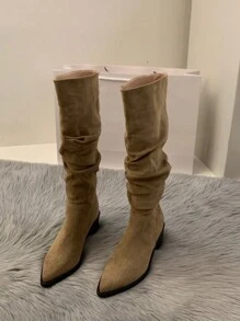 女性專屬的高跟絨面西部牛仔舒適萬能長筒靴,尖頭短毛靴,騎士靴 - 卡其色 - 查看 4