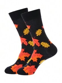 1pair Men'S Red Maple Leaf Printed Mid-Calf Socks - Multicolor - View 1