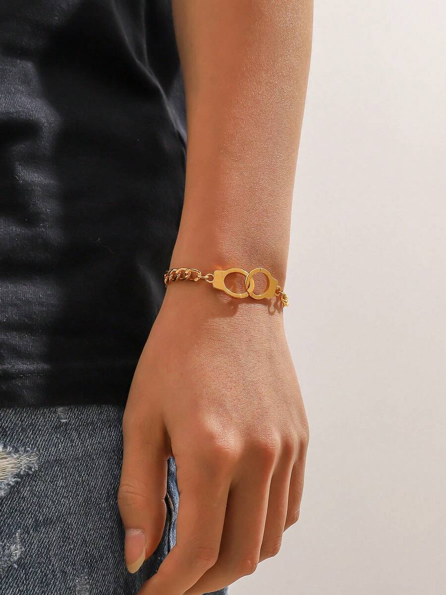 1pc Men'S Antique Silver Alloy Handcuff Bracelet - Yellow Gold - View 1