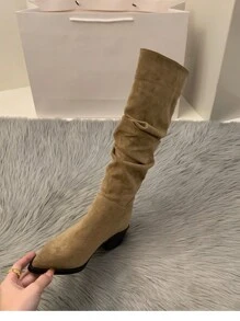 女性專屬的高跟絨面西部牛仔舒適萬能長筒靴,尖頭短毛靴,騎士靴 - 卡其色 - 查看 5