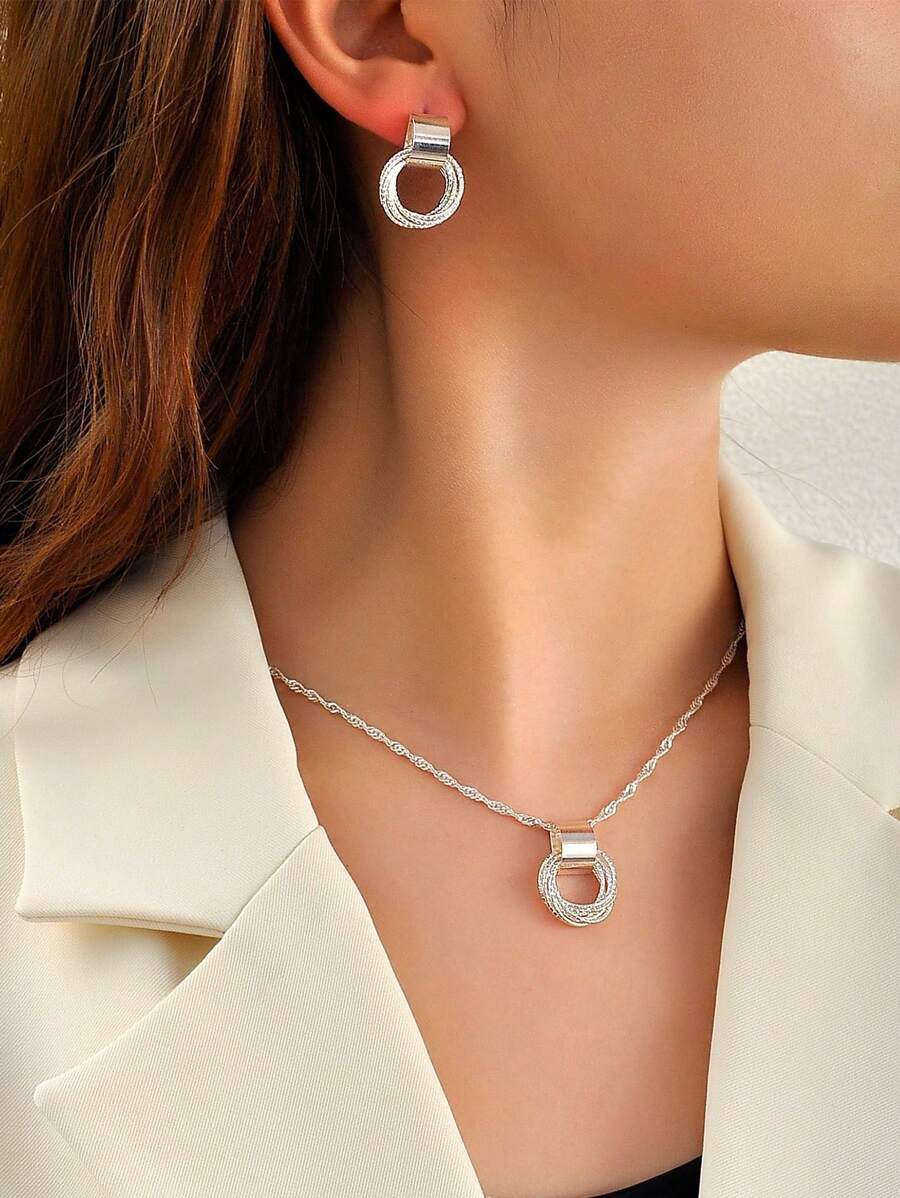 1 Set Par De Pendientes Y Collar Con Diseño De Círculo De Moda, Adecuado Para Uso Diario De Mujeres - Plateado - Ver 1
