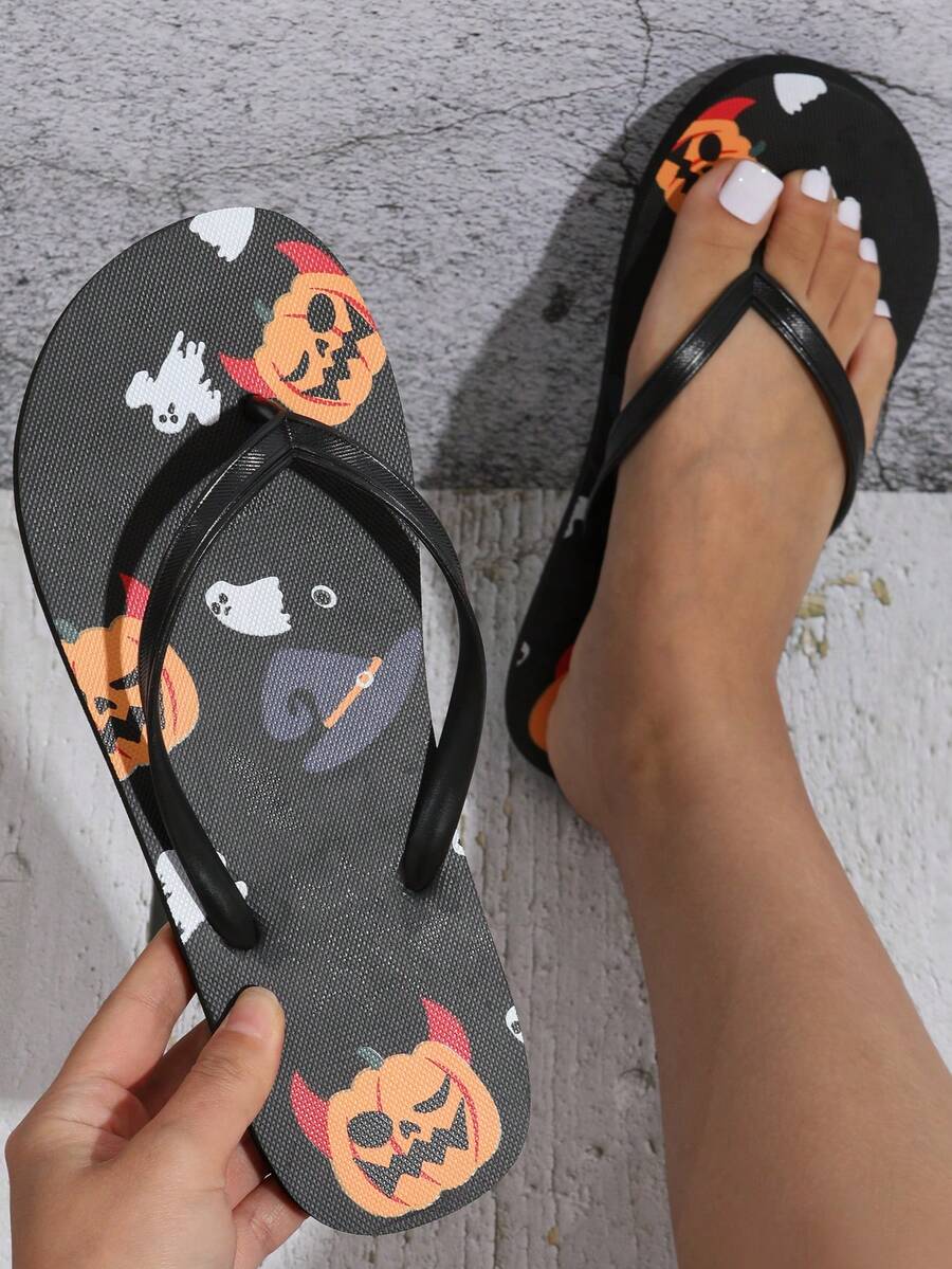 女士卡通印花厚底黑色人字拖,防滑浴室拖鞋適用於海灘 - 黑色 - 查看 1
