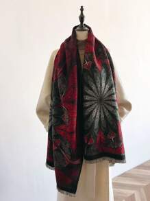 1 件女士復古油畫提花花圖案圍巾,厚實保暖,適合秋冬日常穿著 - 彩色 - 查看 2