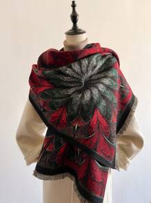 1 件女士復古油畫提花花圖案圍巾,厚實保暖,適合秋冬日常穿著 - 彩色 - 查看 1