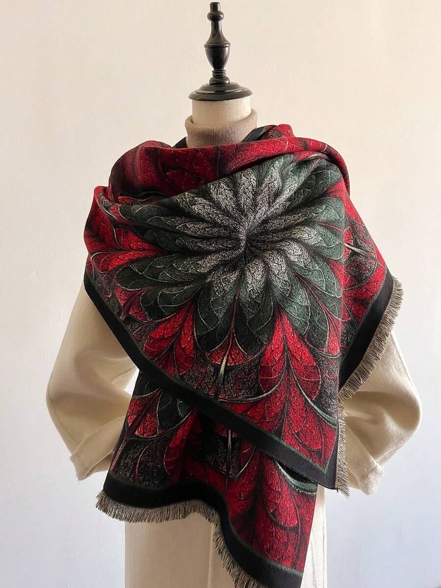 1 件女士復古油畫提花花圖案圍巾,厚實保暖,適合秋冬日常穿著 - 彩色 - 查看 1