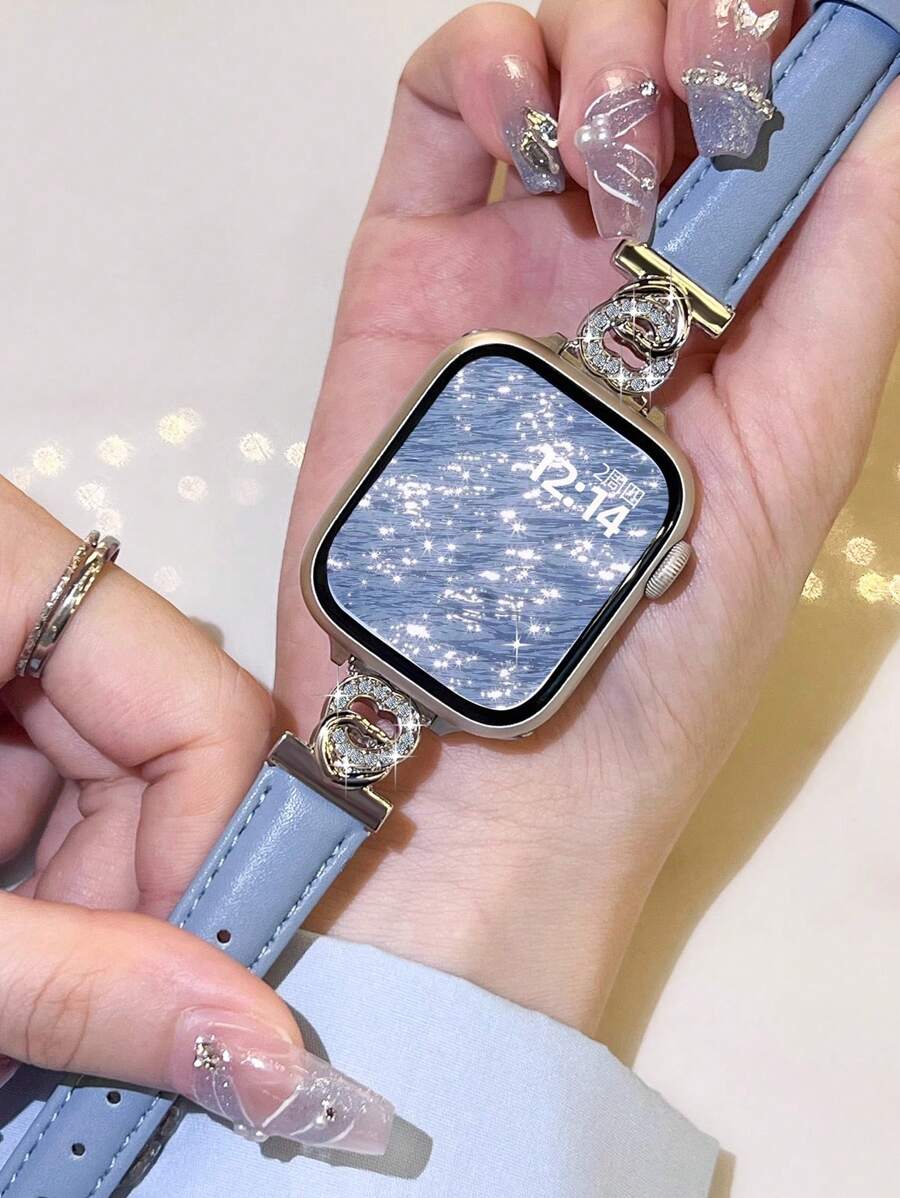 1 Dây đeo đồng hồ da đính đá hình trái tim đôi dành cho nữ, được cá nhân hóa cho kích thước 38/40/41/44/45/49/42/46mm Series 11/SE3/Ultra3/Ultra/SE/SE2/10/9/8/7/6/5/4/3/2/1