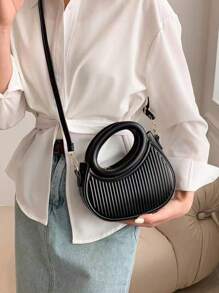 经典简约设计，优雅女士通勤/约会单肩/斜挎包，条纹压纹手提包，时尚圆形双提手斜挎包，创新女士钱包 - 黑色 - 查看 2