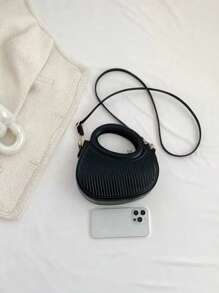 经典简约设计，优雅女士通勤/约会单肩/斜挎包，条纹压纹手提包，时尚圆形双提手斜挎包，创新女士钱包 - 黑色 - 查看 7