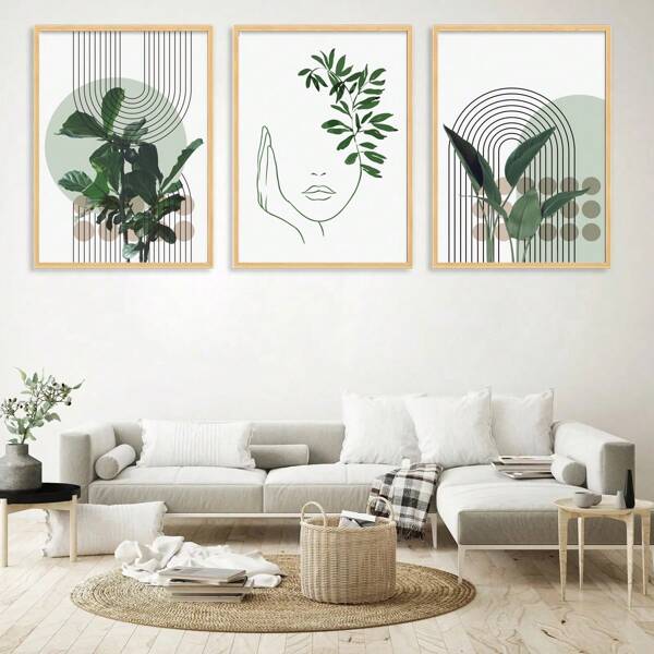 3pcs Abstract Green Plants And People Art Print Without Frame, Modern Polyester Fiber Green & Grey Leaves Geometric Line Blocks Rectangle Wall Decoration For Home Dining Room Living Room Bedroom Nursery Study,Wall Art,Canvas,Poster Gifts Birthday Graduation