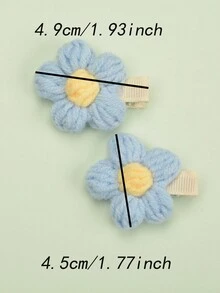 2 件組兒童秋冬羊毛花朵髮夾,幼兒女孩短髮瀏海側頭時尚髮飾 - 藍色 - 查看 3