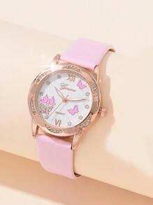 1 Reloj De Mariposa Rosa Con Diamantes De Imitación Para Niñas Y Juego De Pulsera De Corazón Con Diamantes De Imitación De 5 Piezas - Rosa - Ver 5