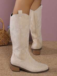 歐美風格復古刺繡高跟膝上v剪裁牛仔靴女款 - 米色 - 查看 3