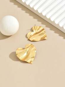 2 件复古简约心形不对称花卉印花和波浪心形设计金色超大一体式环形耳环，适合女性日常佩戴，左右两侧均可佩戴 - 金色 - 查看 5