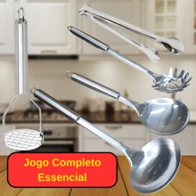 Jogo de Utensílios de Cozinha em Inox Premium  Colher de Arroz + Concha de Cozinha + Pegador de Salada + Pegador de Massas e Amassador de Batatas - Prata - Visão 7