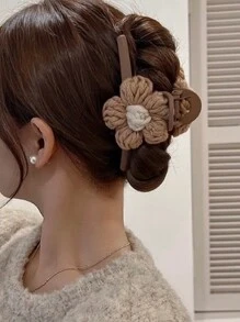 1pc Tiramisu Colored Simple & Elegant Large Hair Claw With Knitted Flower, Hair Claw Headwear Accessory - Coffee - View 3