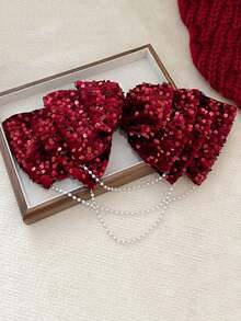 1入紅色絨面圓形亮片珠飾蝴蝶結髮夾,派對、宴會、約會首選 - 紅色 - 查看 6