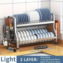 1個餐具盒,2層不銹鋼廚房餐具儲物架,大容量多功能餐具盒,帶排水板和切菜板,刀架,筷子架和杯架,廚房用品 - 201不銹鋼本色 - 查看 4
