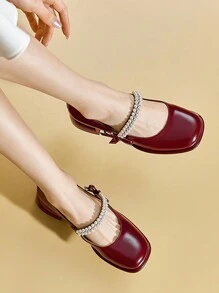 女士酒紅色專利皮瑪莉珍鞋，中跟/厚跟方頭懶人鞋，新款鞋款適用於派對/工作