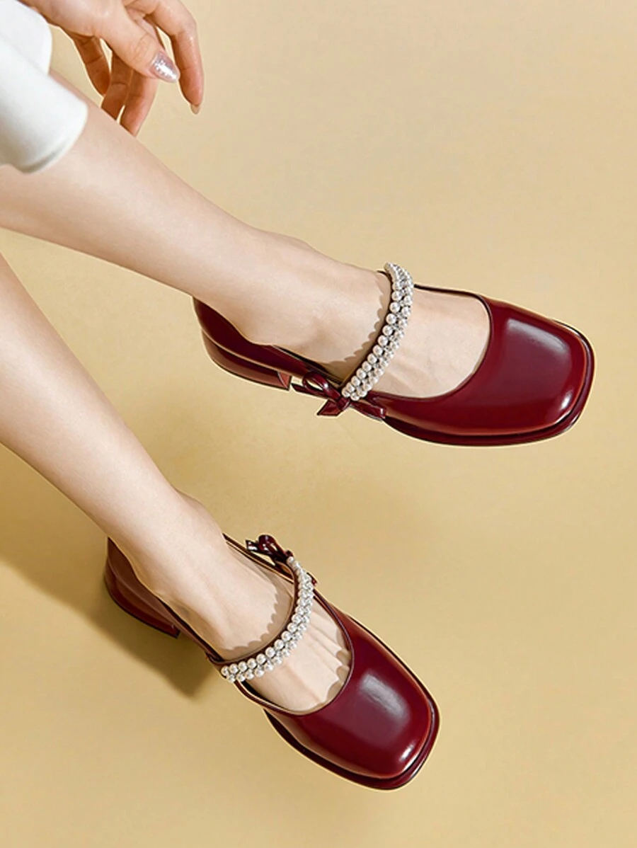 女士酒紅色專利皮瑪莉珍鞋，中跟/厚跟方頭懶人鞋，新款鞋款適用於派對/工作
