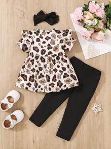 Completo per bambina con maglietta a maniche corte con colletto alla Peter Pan e stampa leopardata, fiocco e pantaloni neri