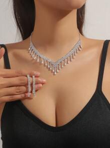 3入組飾品套裝包括鑽石項鏈和耳環 - 銀色 - 查看 1