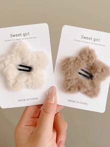 2 件裝白色 + 卡其色毛絨大星星髮夾,可愛流蘇髮夾,新款時尚 Bb 夾,女士和女孩發卡,秋冬 - 咖啡 - 查看 4