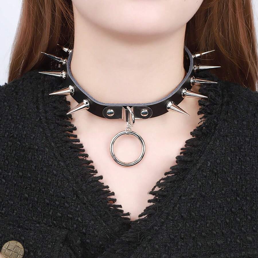 1件装个性化暗黑风格铆钉项圈，女士朋克束缚皮革项圈套装，情侣款 - 黑色 - 查看 1