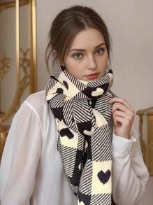 1件情侶適用冬季格紋圍巾,雙面仿卡仕米爾手感,秋冬野性暖結,愛心格子花紋女士時尚圍巾,柔軟舒適披肩包裹可愛 - 彩色 - 查看 4