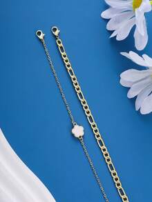 2pcs Elegant Copper Five Petal Floral Chain Bracelet For Women, Perfect For Daily Wear, Date, Thanksgiving, Christmas Gift - White - View 2