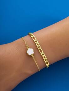 2pcs Elegant Copper Five Petal Floral Chain Bracelet For Women, Perfect For Daily Wear, Date, Thanksgiving, Christmas Gift - White - View 3