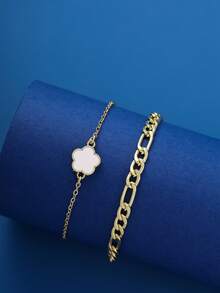 2pcs Elegant Copper Five Petal Floral Chain Bracelet For Women, Perfect For Daily Wear, Date, Thanksgiving, Christmas Gift - White - View 4