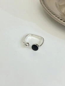 1個時尚復古風格s925純銀細膩黑玉開口戒指,獨特設計,女性日常聚會飾品的好選擇 - 銀色 - 查看 1